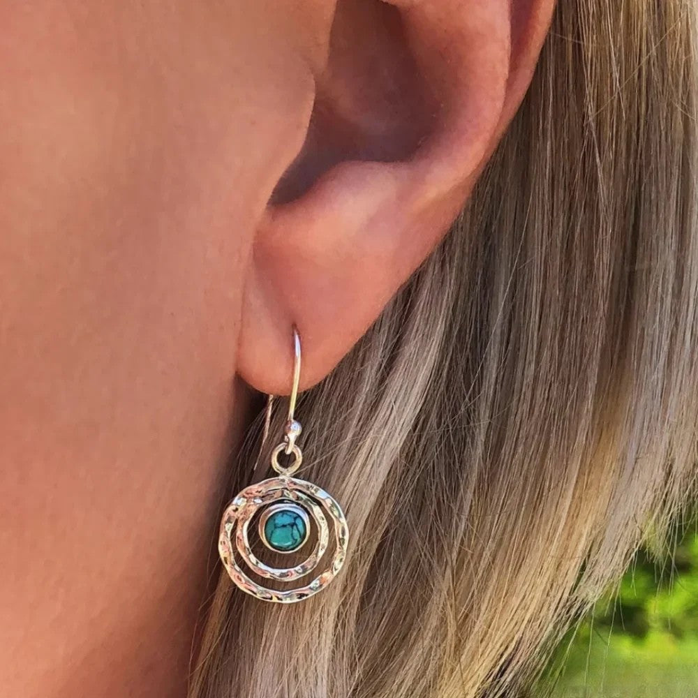 Bohemian Saturn Earrings Featuring Turquoise Gemstone in Silver and Gold
