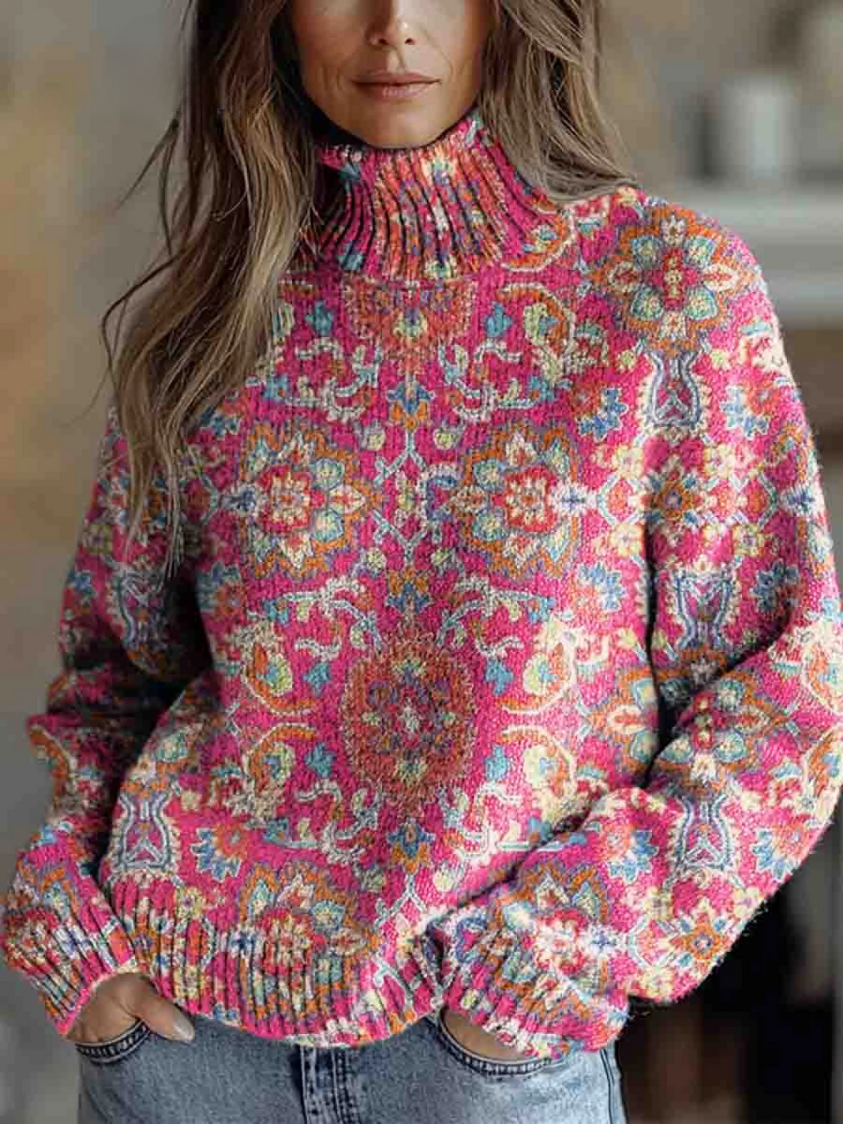 Madita® | Women's High-Collared Sweater with Retro-Ethnic Floral Design