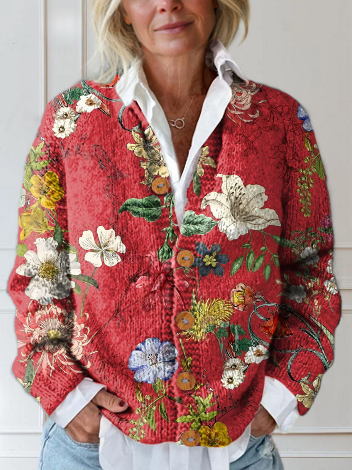 Retro Floral Art Print Women's Button-Up Cardigan