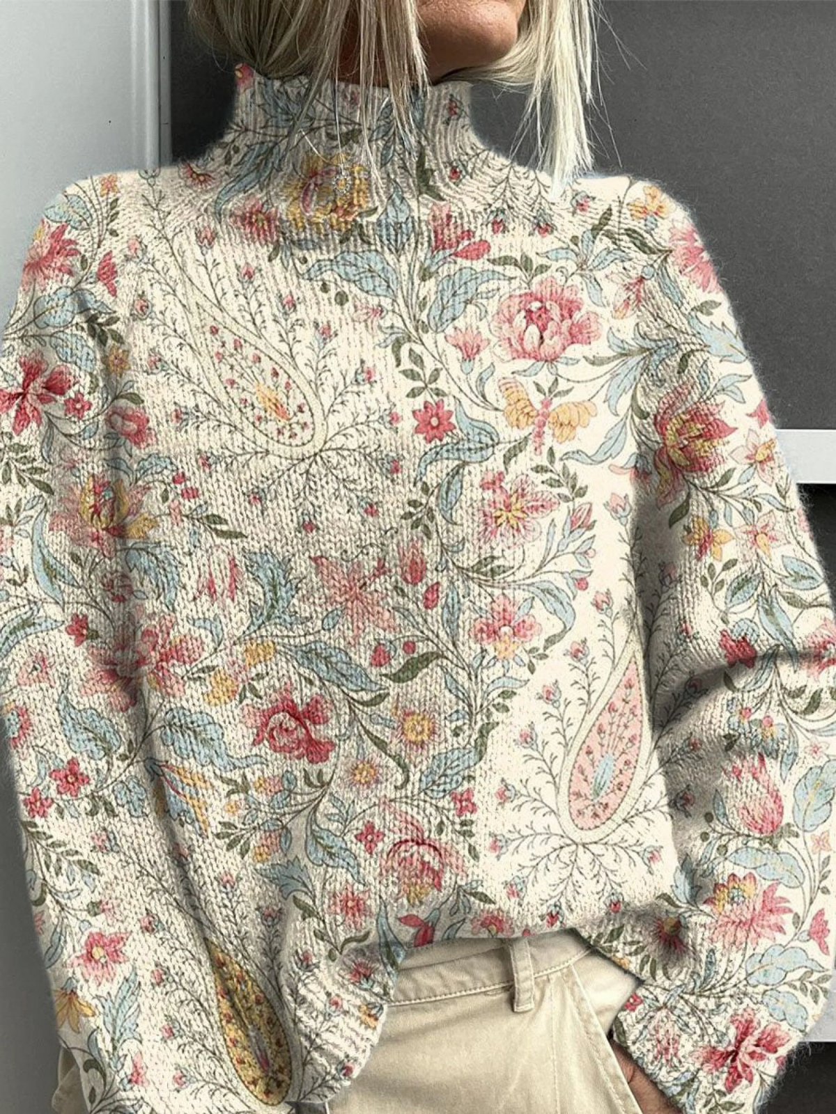 Rafaela® | Retro Paisley Floral Knit Turtleneck Sweater