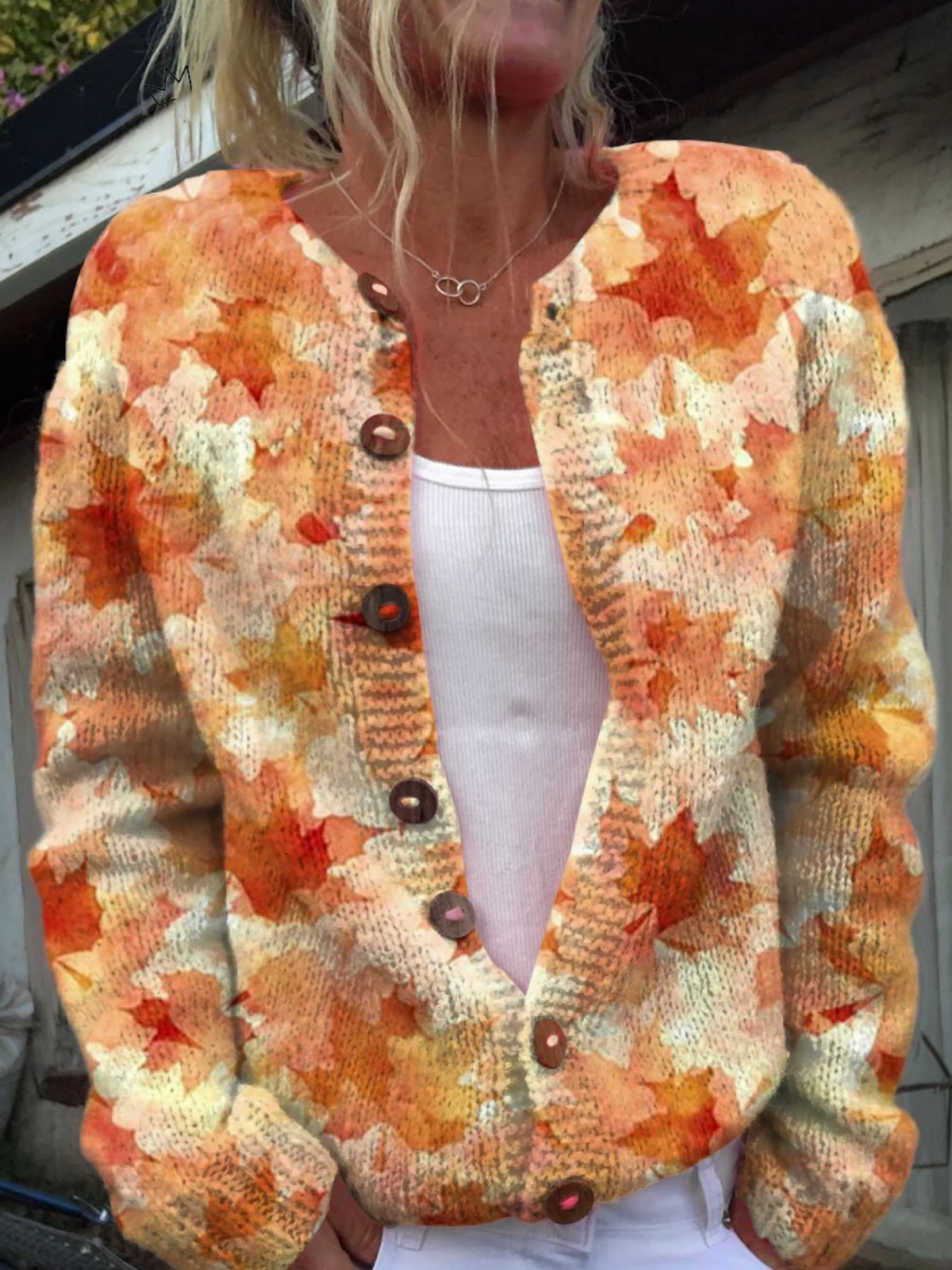 Button Cardigan Sweater with Autumn Maple Leaf Art Print