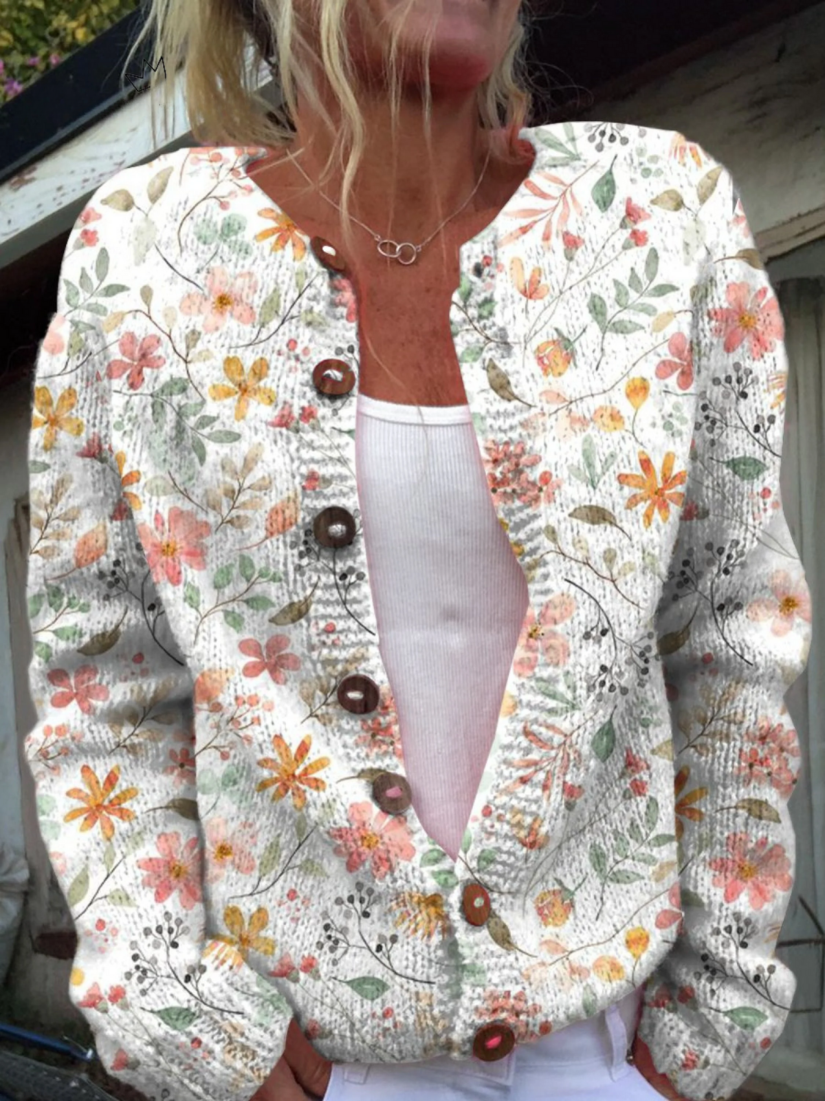 Delightful Floral Print Button-Up Cardigan