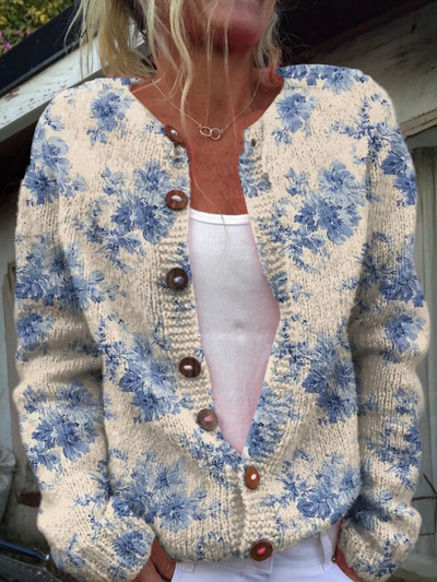 Floral Print Button-Up Cardigan Sweater for Women