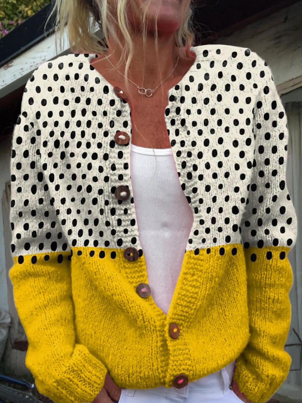 Button-Up Cardigan with Yellow Geometric Design