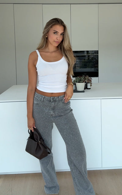 Grey Denim Jeans with Leopard Print