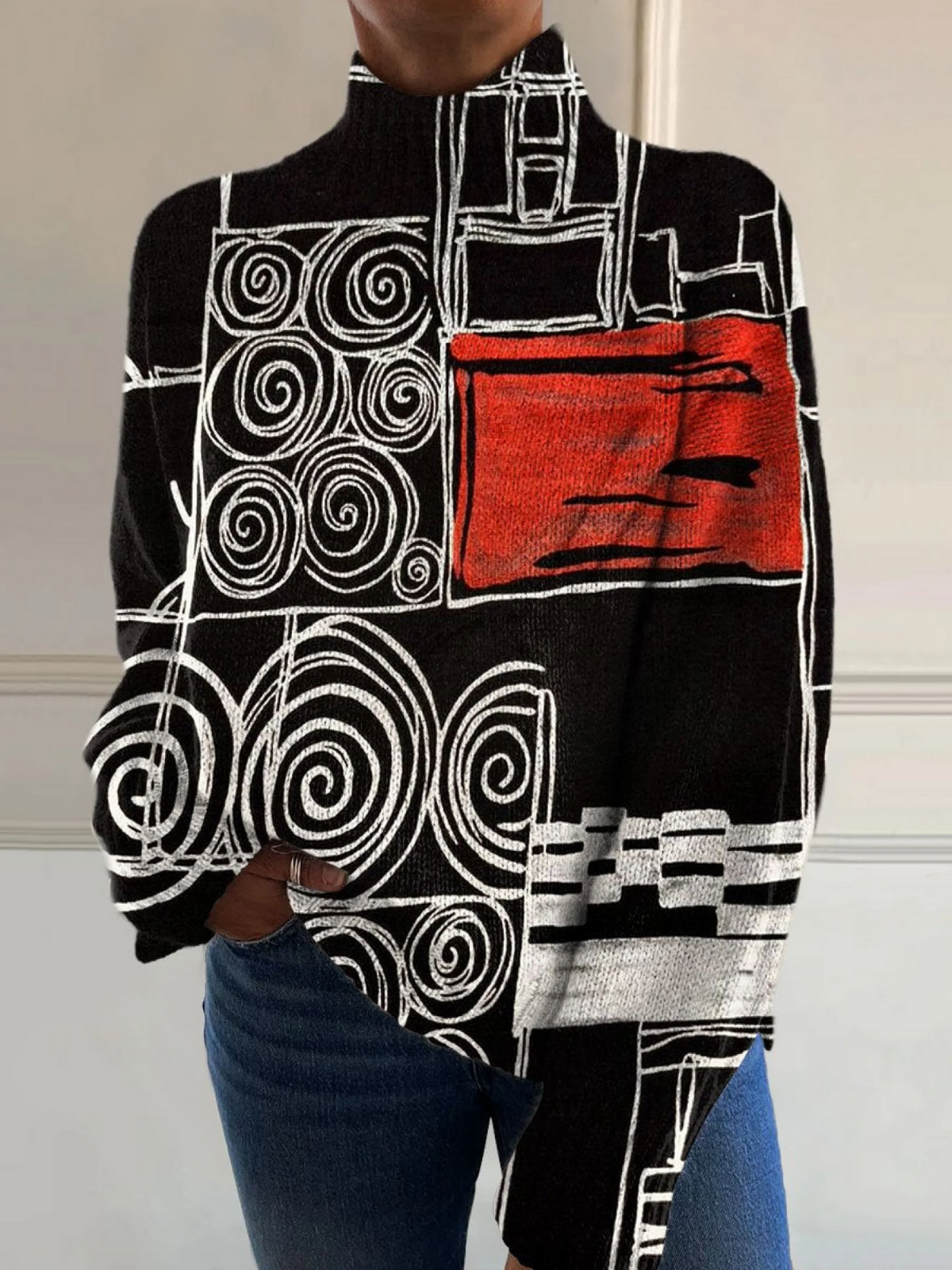 Tabea® | Colorful Block Abstract Print Turtleneck Sweater