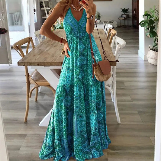 Bohemian Maxi Dress | Flattering V-Neck Long Sundress with Adjustable Straps | Lightweight Comfort for Effortless Style 0