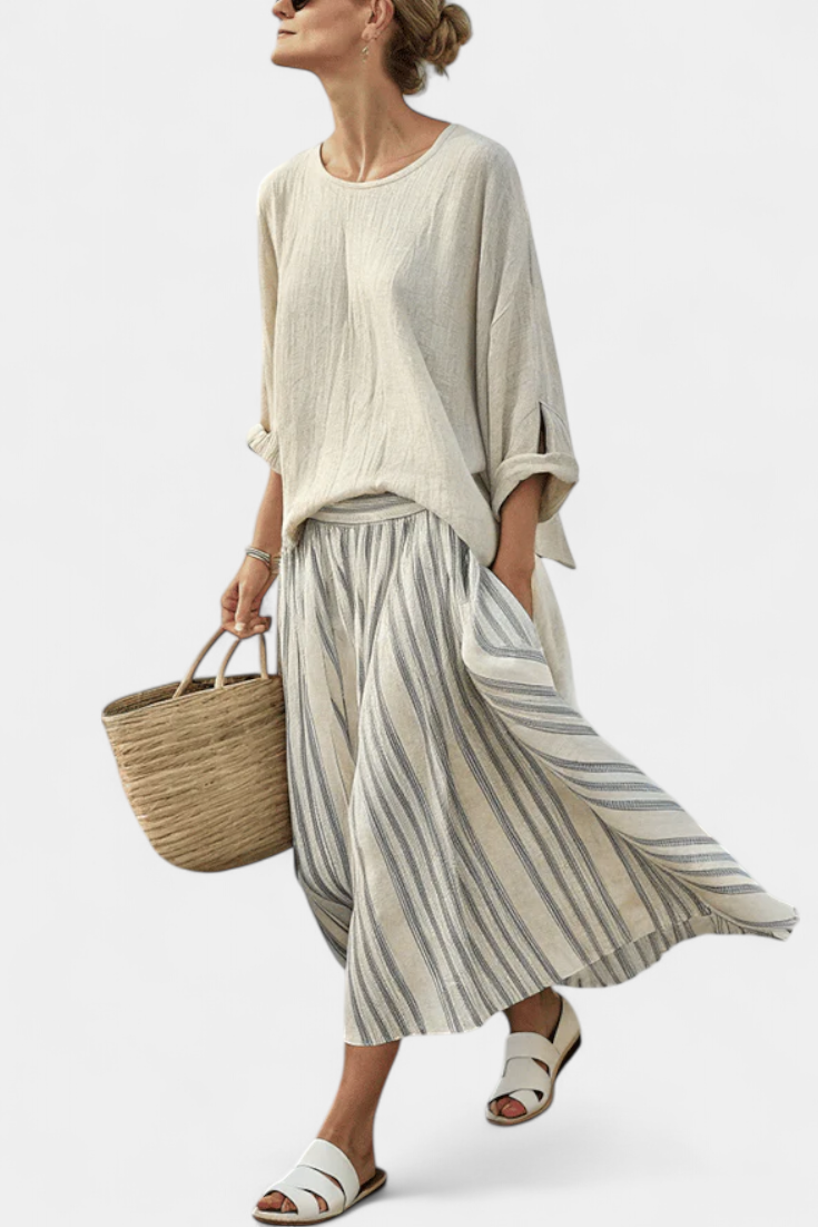 Elegant Bamboo Linen Blouse & Striped Midi Skirt Set for Effortless Style 0