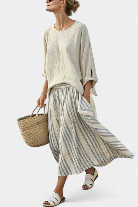 Elegant Bamboo Linen Blouse & Striped Midi Skirt Set for Effortless Style 0