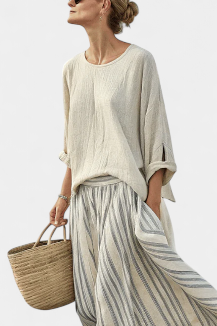 Elegant Bamboo Linen Blouse & Striped Midi Skirt Set for Effortless Style 1