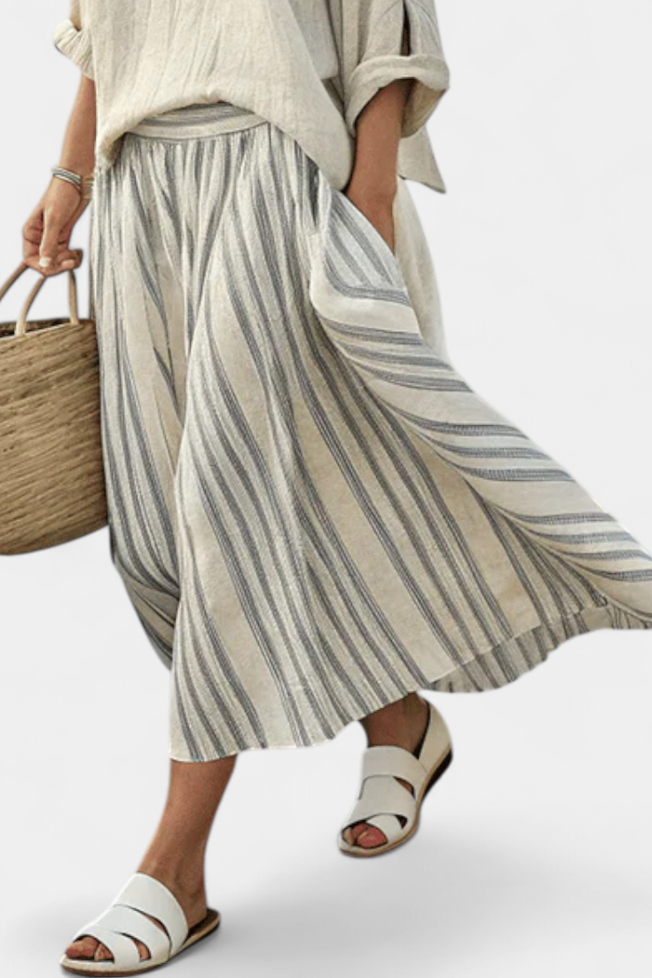Elegant Bamboo Linen Blouse & Striped Midi Skirt Set for Effortless Style 2