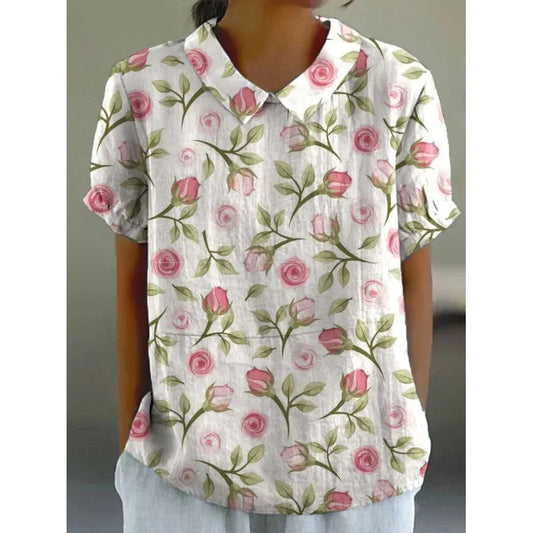 Floral Linen Shirt Women | Short Sleeve Casual Blouse with Lightweight Fabric | Relaxed Fit for All-Day Comfort 0