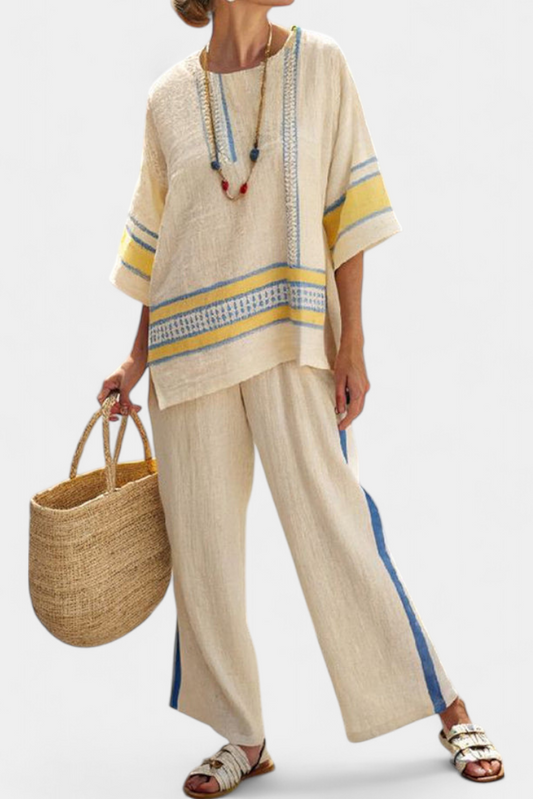 Mediterranean Collection | Women's Linen Pants Set with Embroidered Top | Stylish Outfit for Warm Weather 0