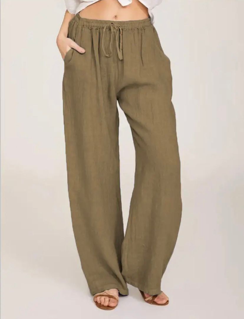 Summer Linen Wide Women's Pants Breathable, Wide-Leg Fit, Elastic Waistband, Side Pockets 1