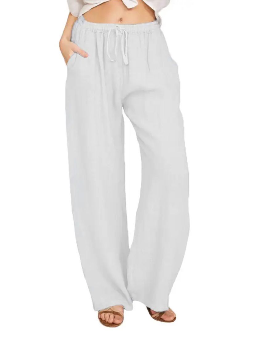 Summer Linen Wide Women's Pants Breathable, Wide-Leg Fit, Elastic Waistband, Side Pockets 2
