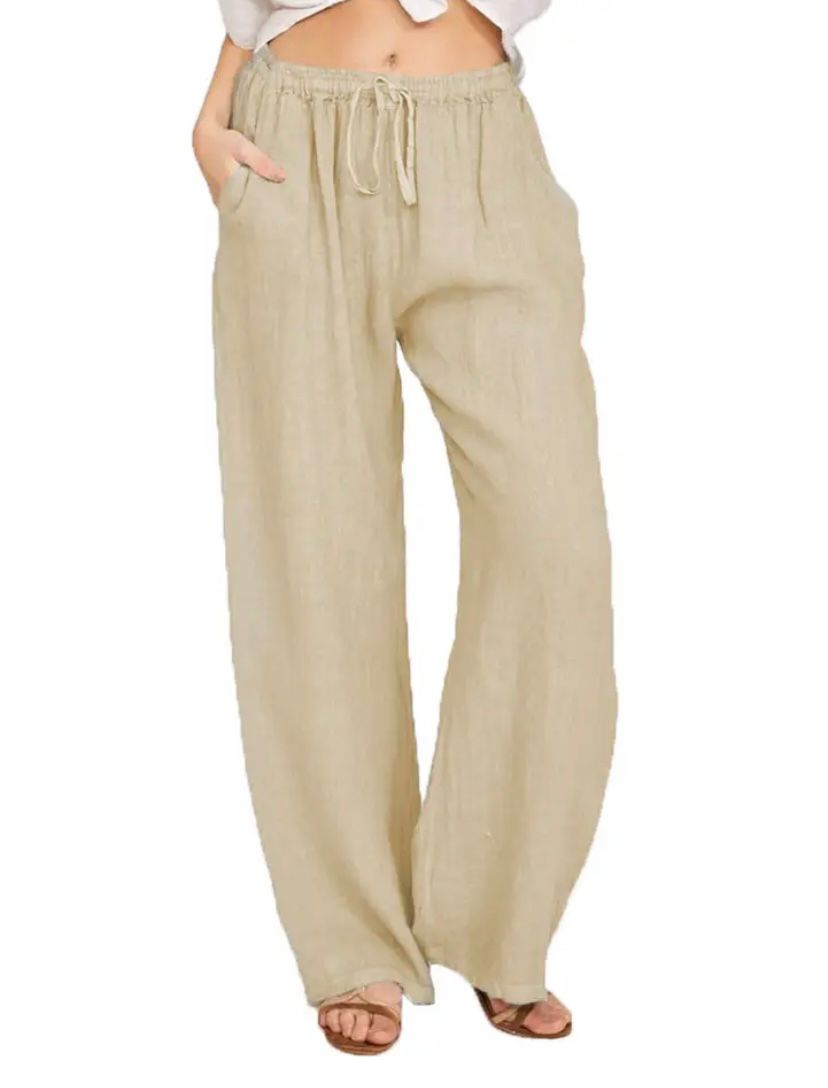 Summer Linen Wide Women's Pants Breathable, Wide-Leg Fit, Elastic Waistband, Side Pockets 3