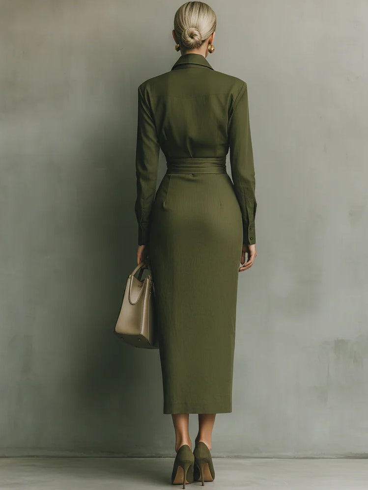 Adele | Olive Midi Dress with Wrap Design