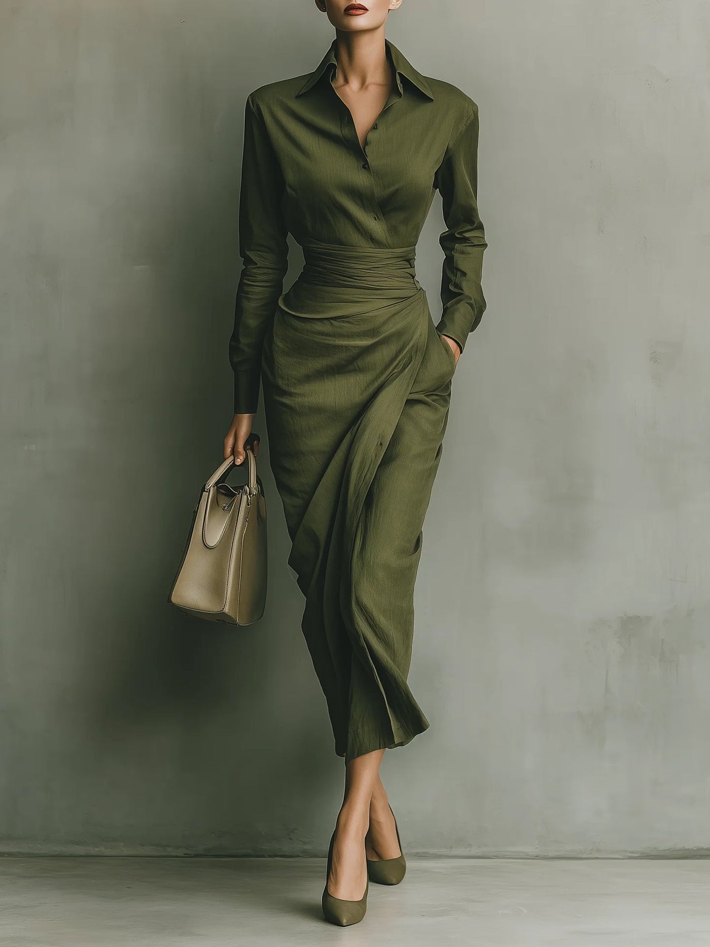 Adele | Olive Midi Dress with Wrap Design