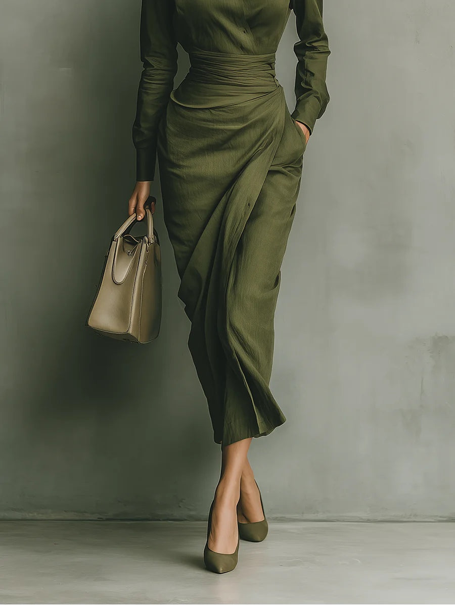 Adele | Olive Midi Dress with Wrap Design
