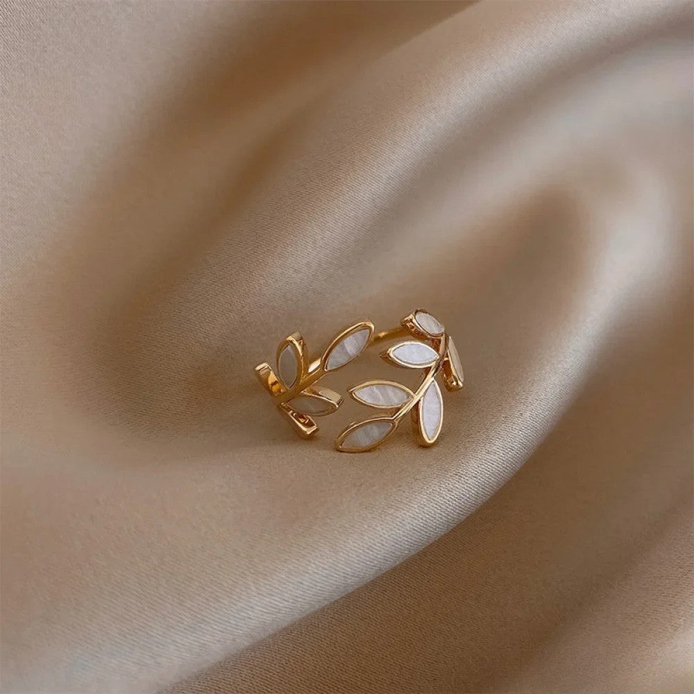 Adjustable Gold Ring Featuring White Opal Leaf Design