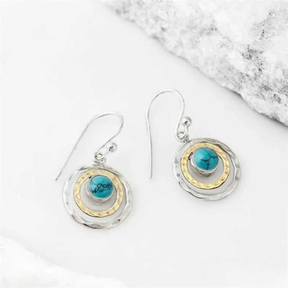 Bohemian Saturn Earrings Featuring Turquoise Gemstone in Silver and Gold