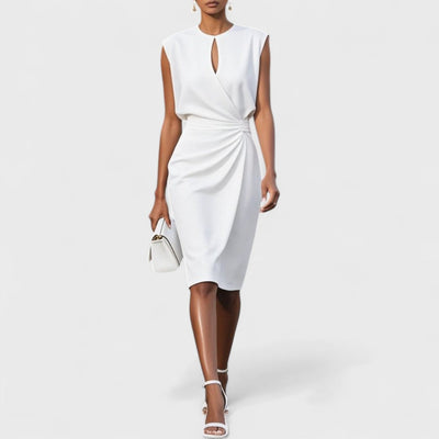 Elodie | Elegant White Midi Dress with Draped Design